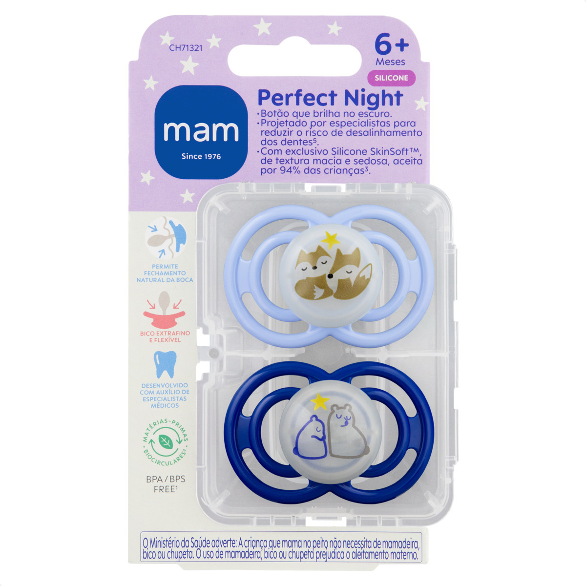 CHUPETA MAM PERFECT NIGHT 6+ MESES - EMBALAGEM DUPLA AZUL