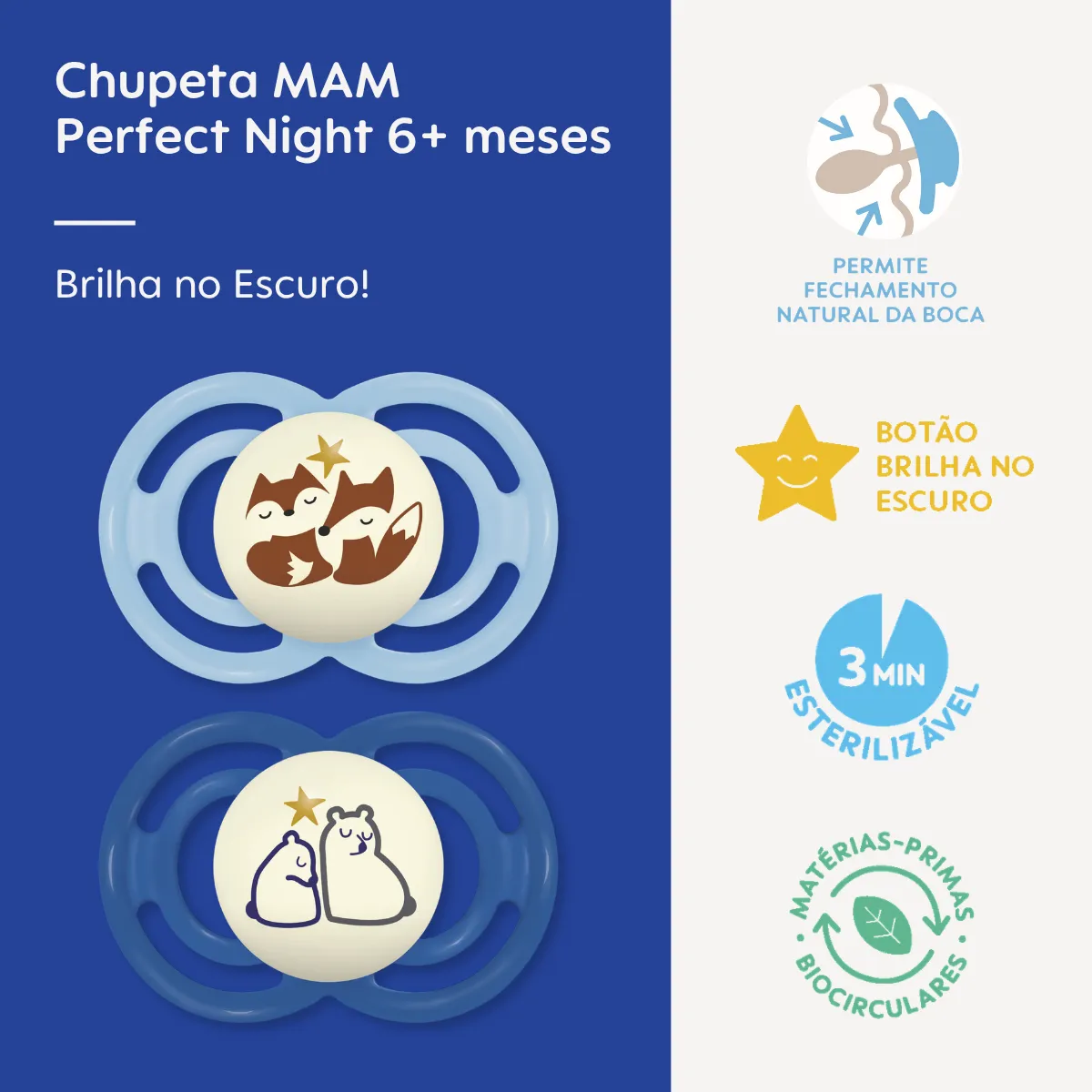 CHUPETA MAM PERFECT NIGHT 6+ MESES - EMBALAGEM DUPLA AZUL