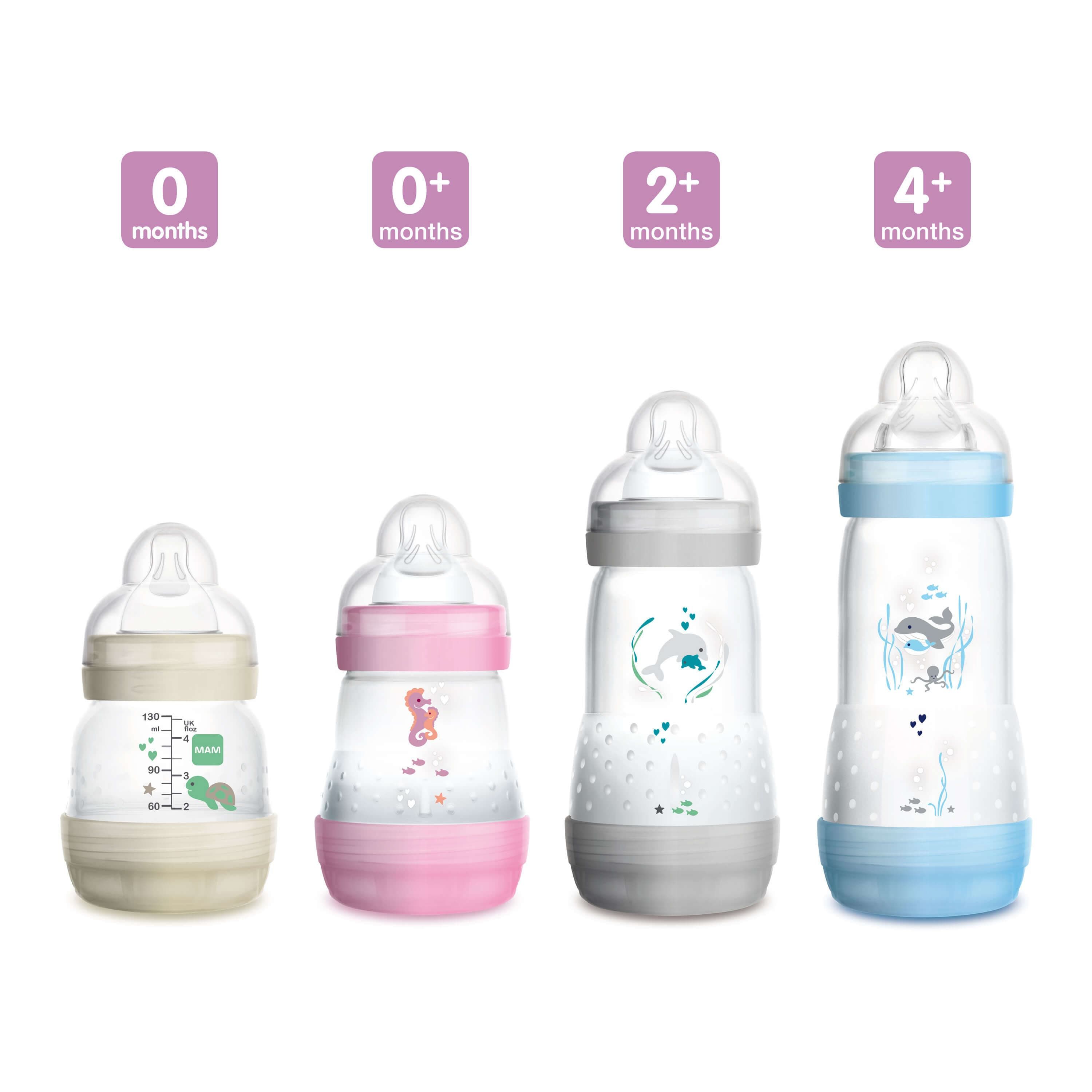 Various sizes of the MAM Easy Start Anti-Colic baby bottle