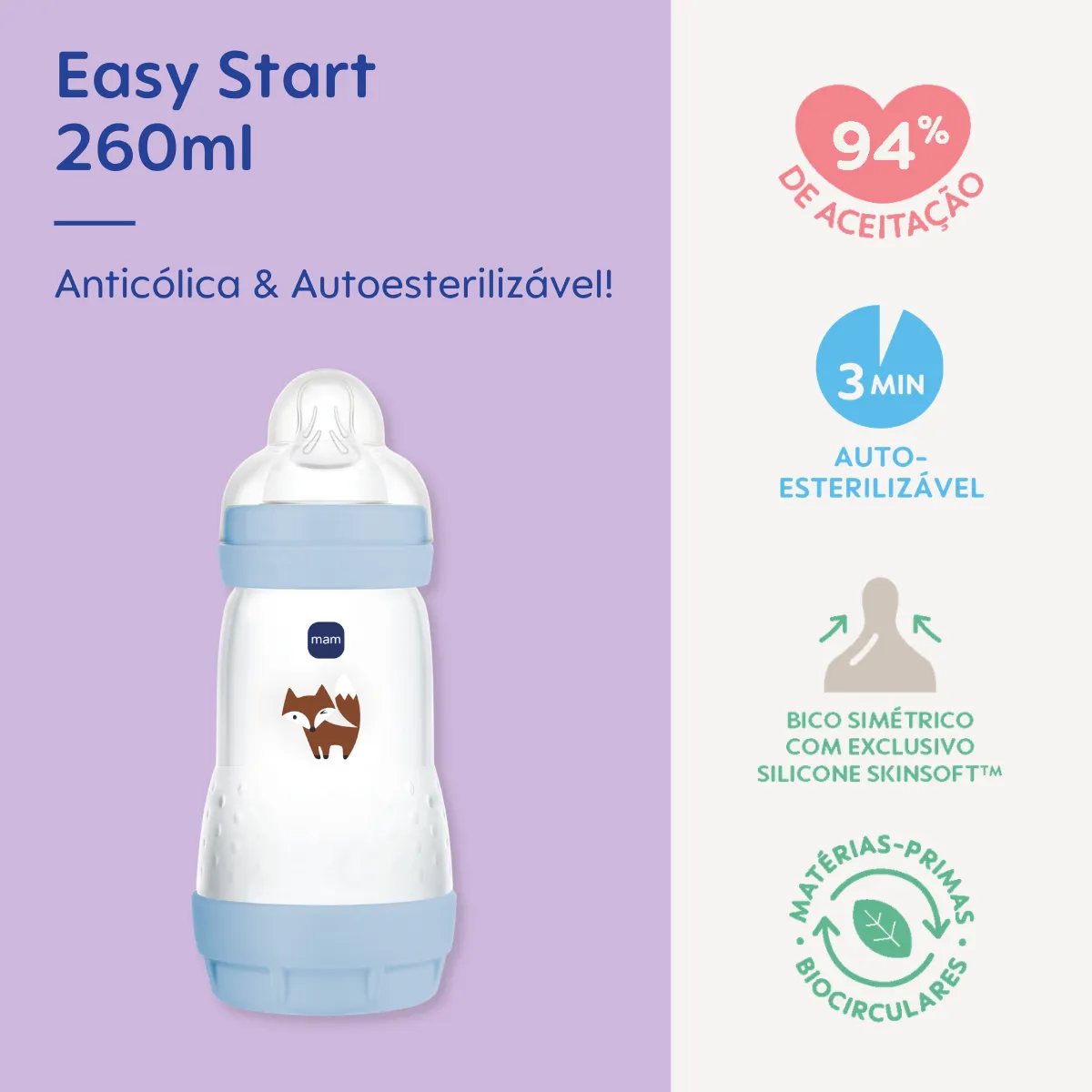 MAMADEIRA MAM EASY START 260ML - EMBALAGEM UNITARIA AZUL