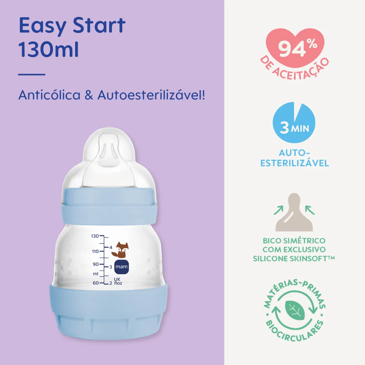 MAMADEIRA MAM EASY START 130ML - EMBALAGEM UNITARIA AZUL