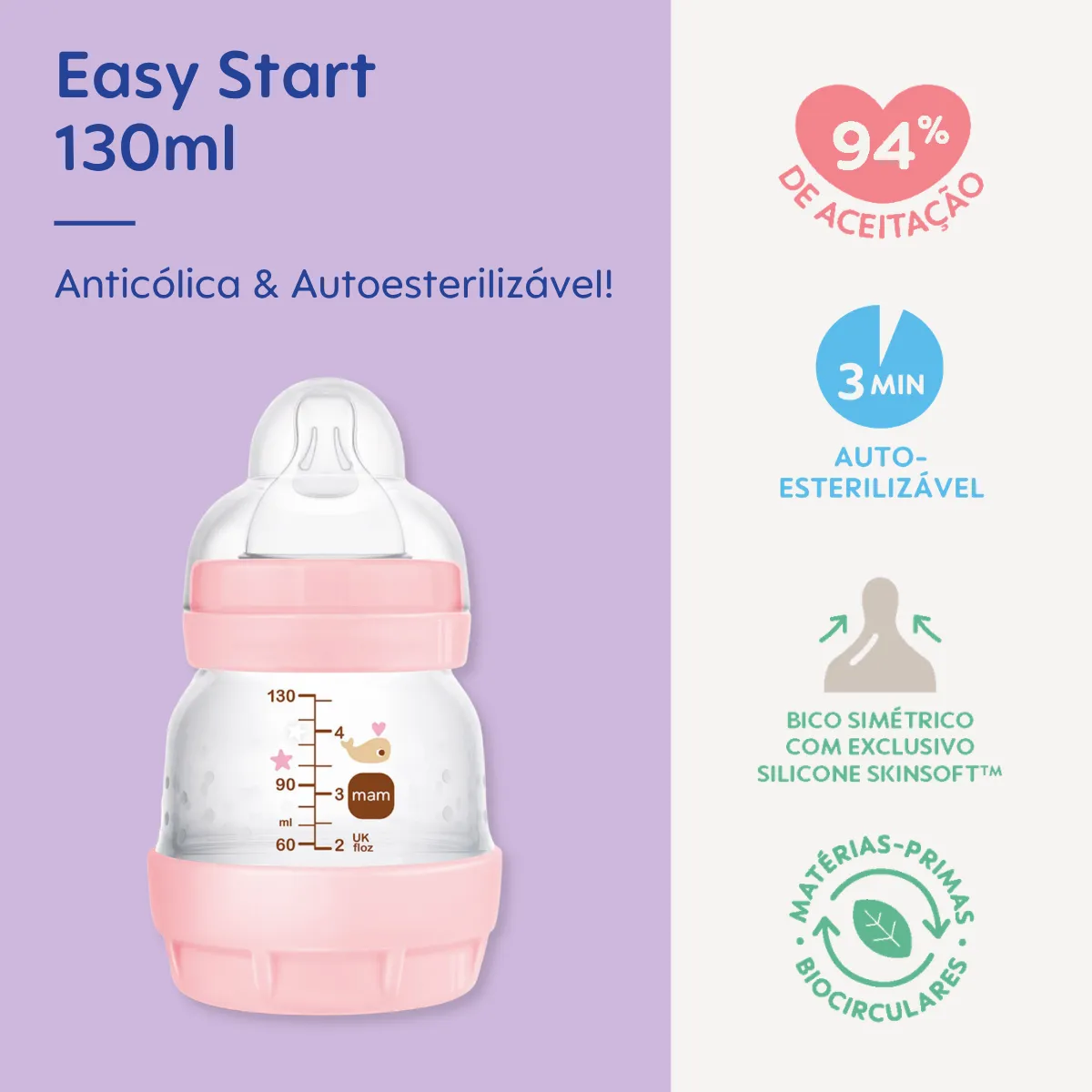 MAMADEIRA MAM EASY START 130ML - EMBALAGEM UNITARIA ROSA
