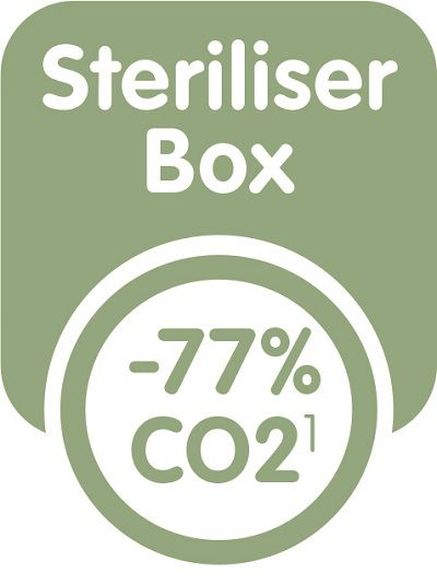 Het gebruik van onze sterilisatiebox van biologisch hernieuwbare materialen bespaart tot 77 %¹ energie en CO2. 