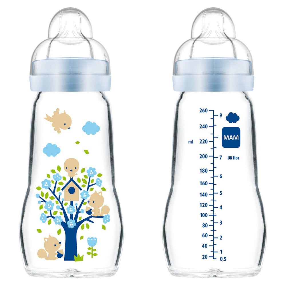 MAM Feel Good Babyflasche aus Glas 260 ml – blaue Babyflasche mit weiter... 