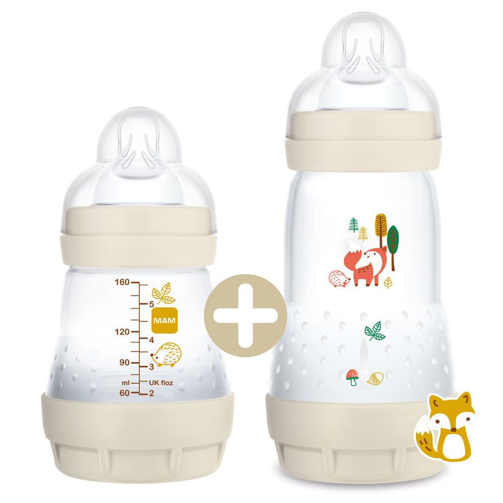 MAM Easy Start Anti-Colic Elements Lot de 2 biberons pour bébé (260 ML),  biberon pour Combinaison avec l'allaitement Maternel, Gourde pour bébé avec  Valve de Fond Anti-coliques, 0+ Mois, Lapin/Hibou : MAM