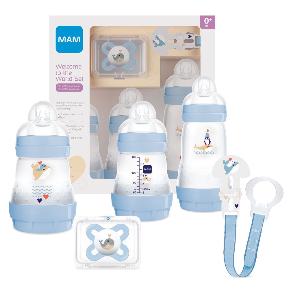 Mam Coffret Cadeau Bébé Bleu Clair 2 Biberons Easy Start 160 ml + 1 Biberon  Anti-Colique Easy Start 260 ml + 1 Sucette + 1 Clip